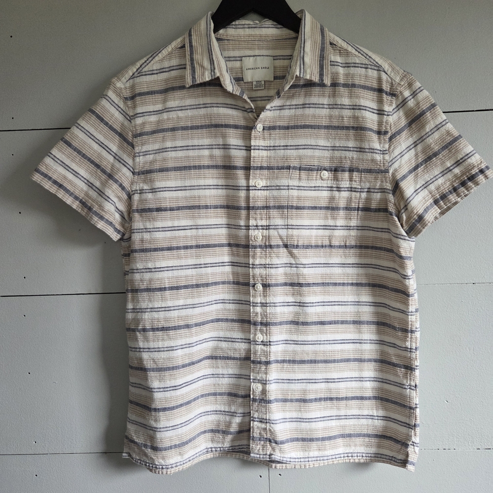 American Eagle Outfitters Men's Striped Cotton Button-Up Shirt M Short Sleeve